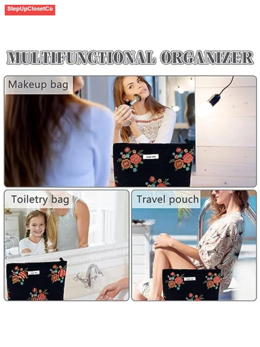 Large Embroidered Floral Makeup Bag Travel Toiletry Pouch Cosmetic Organizer